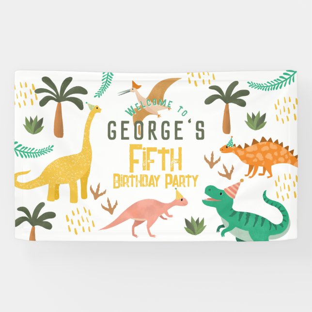 Banderoles Boys Cute Dinosaur T-Rex Anniversaire de enfant Bi (Horizontal)