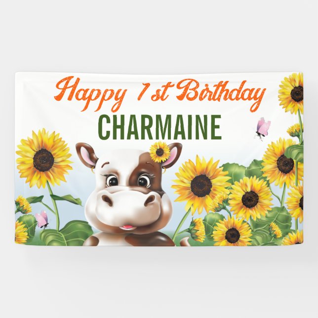 Banderoles Brown vache tournesol fille premier anniversaire (Horizontal)