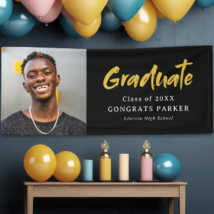 Banderoles Brush moderne noir & or Script photo Graduation