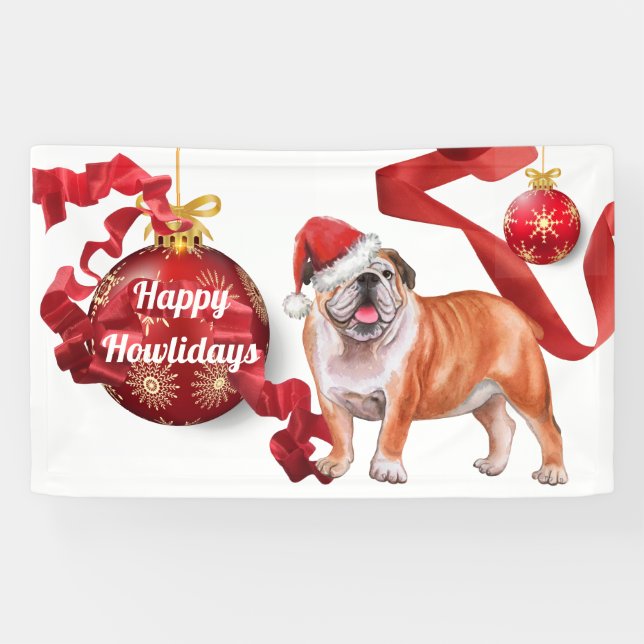 Banderoles bulldog anglais portant des boules d'arbre de Noël (Horizontal)