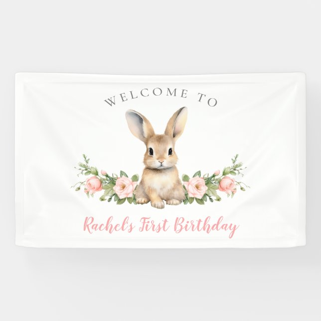 Banderoles Bunny de printemps rose Floral Bienvenue 1er anniv (Horizontal)