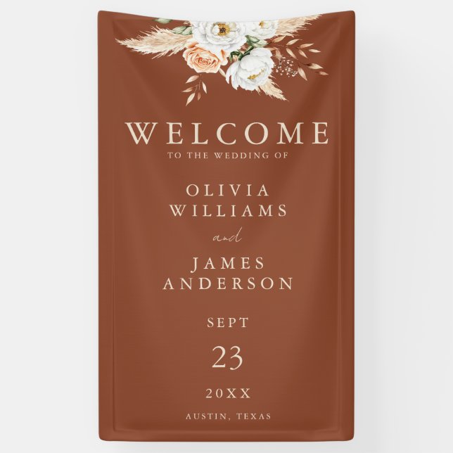 Banderoles Burange Orange Terracotta Floral Mariage Bienvenue (Vertical)