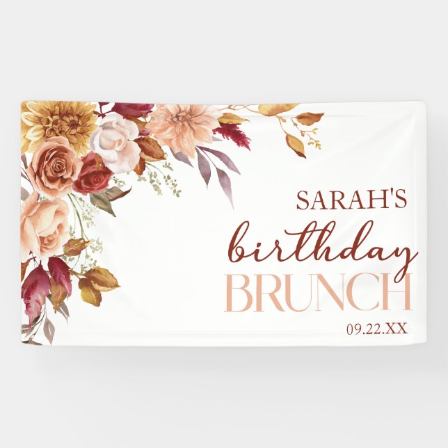 Banderoles Burgundy Brunch d'anniversaire floral orange brûlé (Horizontal)