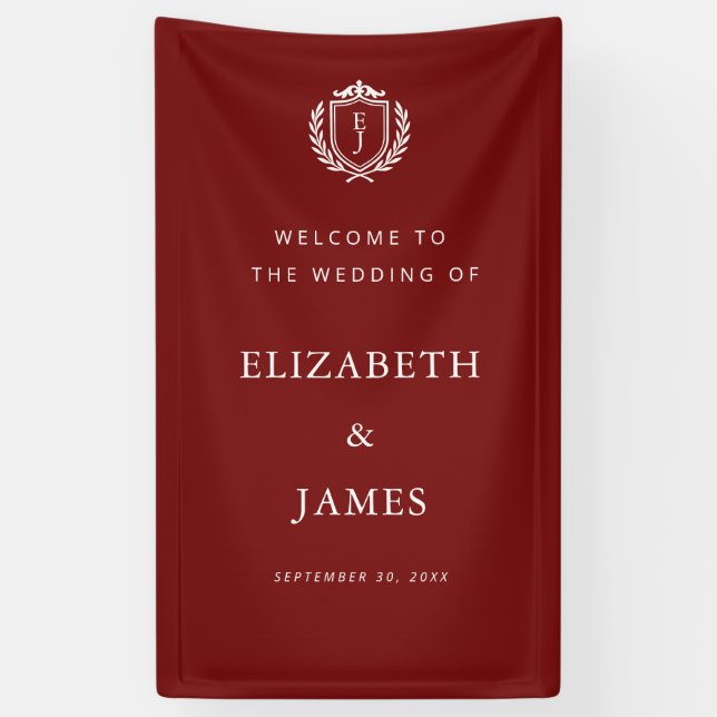 Banderoles Burgundy Crest Wedding Welcome, Custom Initials (Vertical)