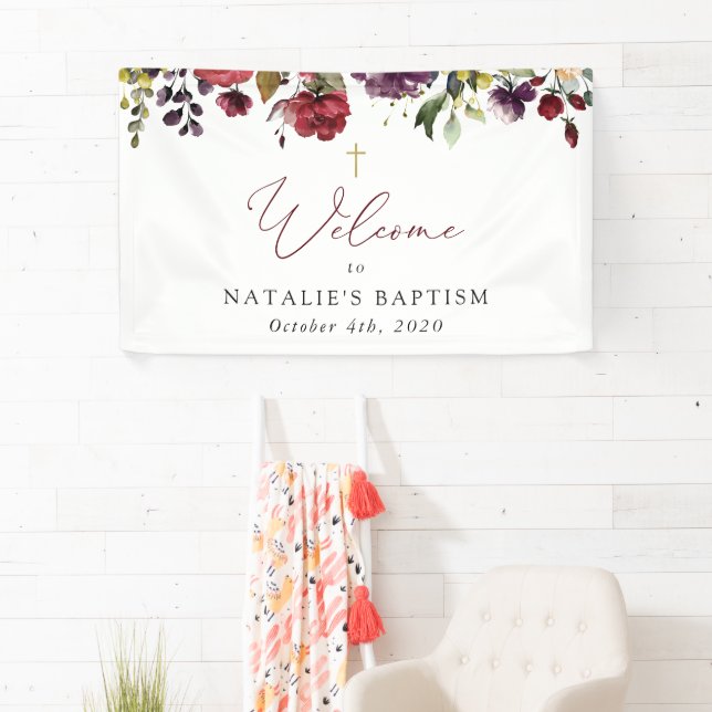 Banderoles Burgundy Flowers, Pink Flowers, Baptism Welcome (En situation)