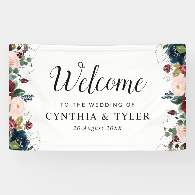 Banderoles burgundy marine bleu floral accueil mariage (Horizontal)