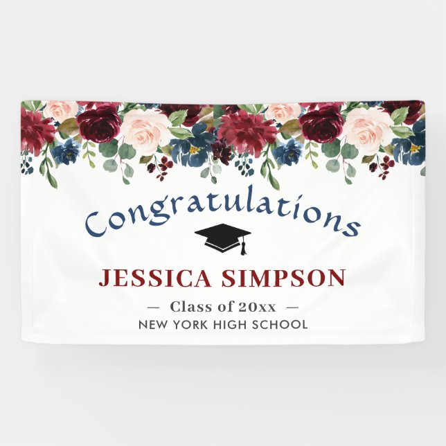 Banderoles Burgundy Navy Blush Floral Graduation Class 2024 (Horizontal)