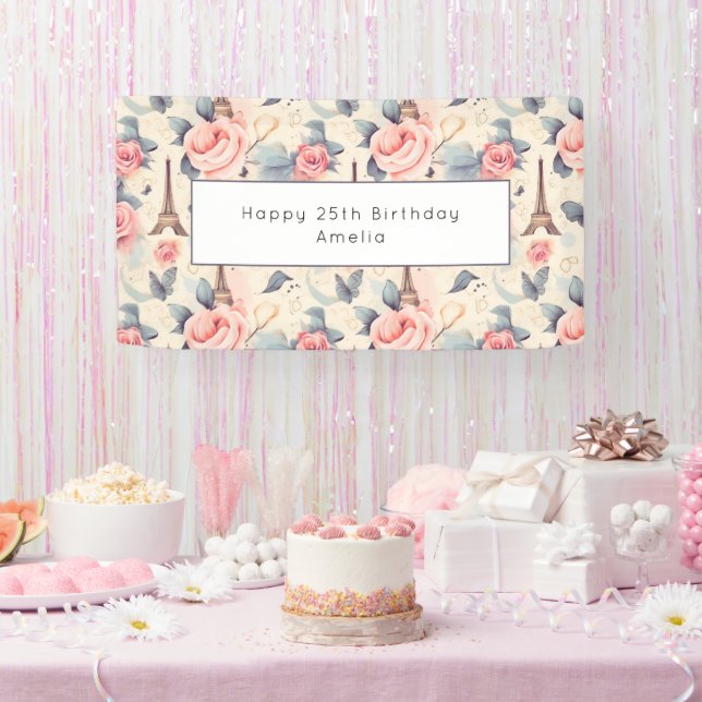Banderoles Butterfly Tour Eiffel et Motif Rose Anniversaire (Fête)