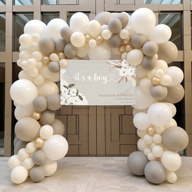 Banderoles C’est un Boy Boho Floral Neutral Baby shower Banne (It's A Boy Heart Script Banner)