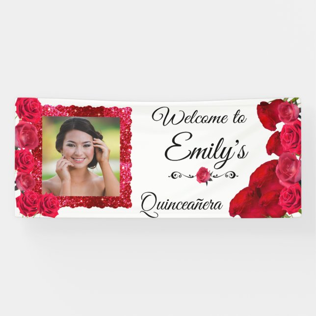 Banderoles Cadre de Quinceanera avec de jolies roses rouges e (Horizontal)