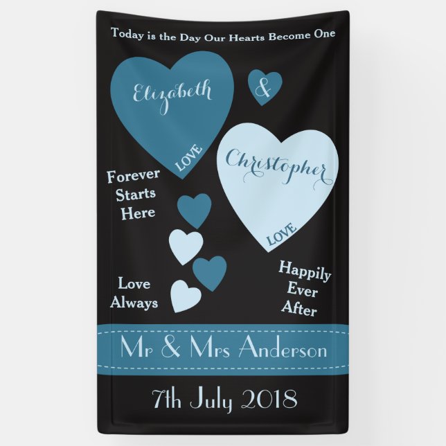 Banderoles Cadre mariage Bleu et noir avec coeur d'amour (Vertical)