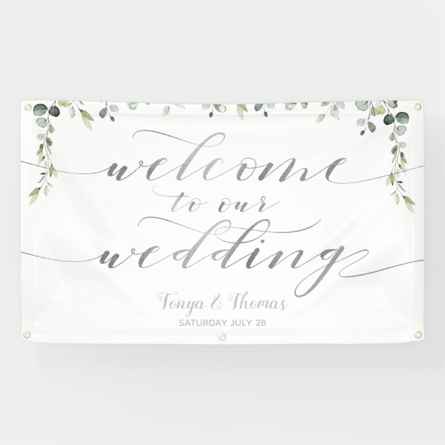 Banderoles Calligraphie argent vert Mariage de bienvenue blan (Horizontal)