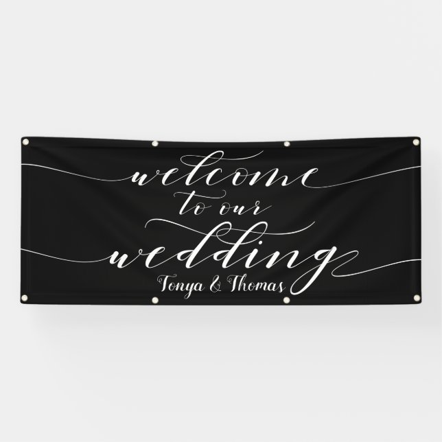 Banderoles Calligraphie Blanche Noir Bienvenue À Notre Mariag (Horizontal)