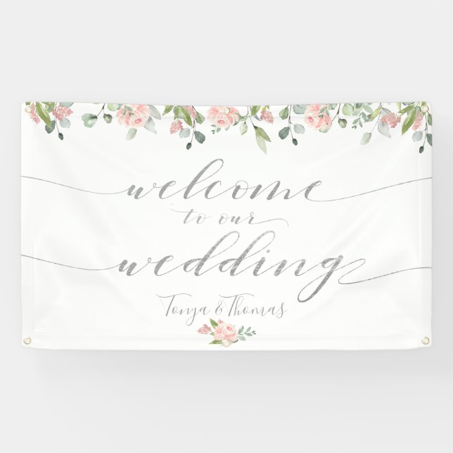 Banderoles Calligraphie d'argent rose et vert pâle Bienvenue (Horizontal)
