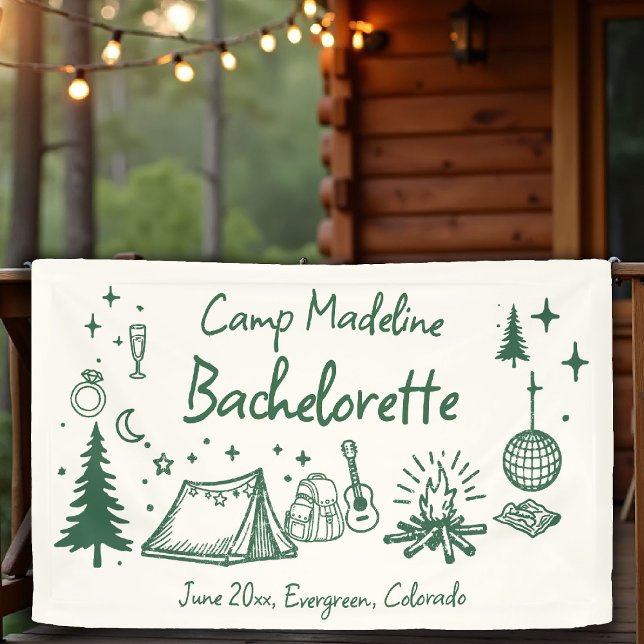 Banderoles Camp Bachelorette Camping Main Drag Écriture verte (camp bachelorette banner camping hand drawn written green forest moss girls trip bach)