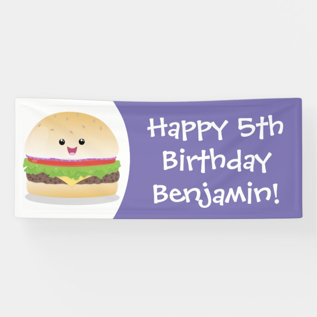 Banderoles Caricature de hamburger kawaii joyeux (Horizontal)