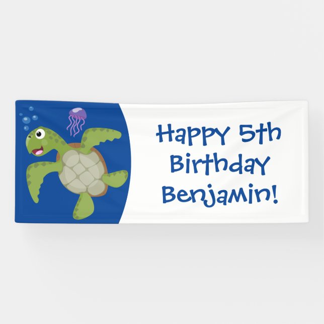 Banderoles Caricature joyeuse de tortue de mer verte mignonne (Horizontal)