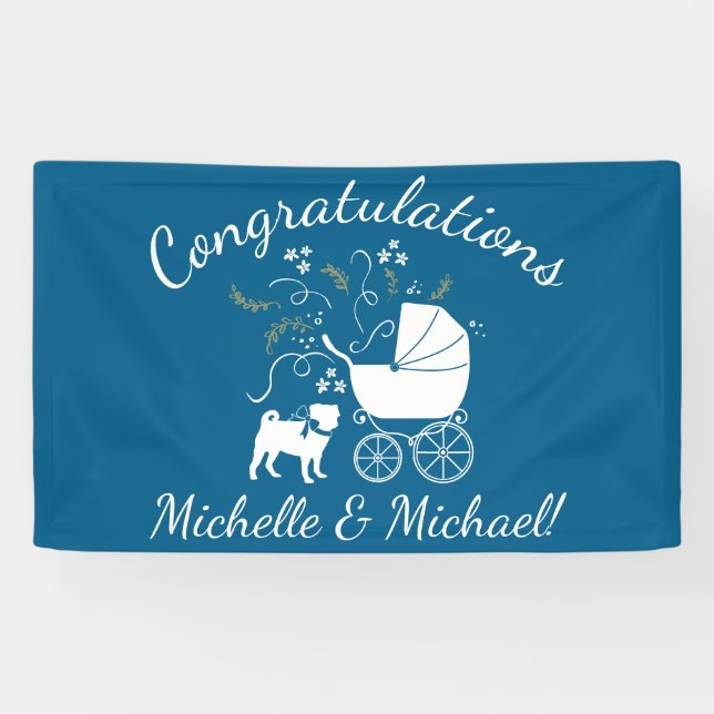 Banderoles Carlin Chien Baby shower Garçon Bleu avec Bow (Horizontal)