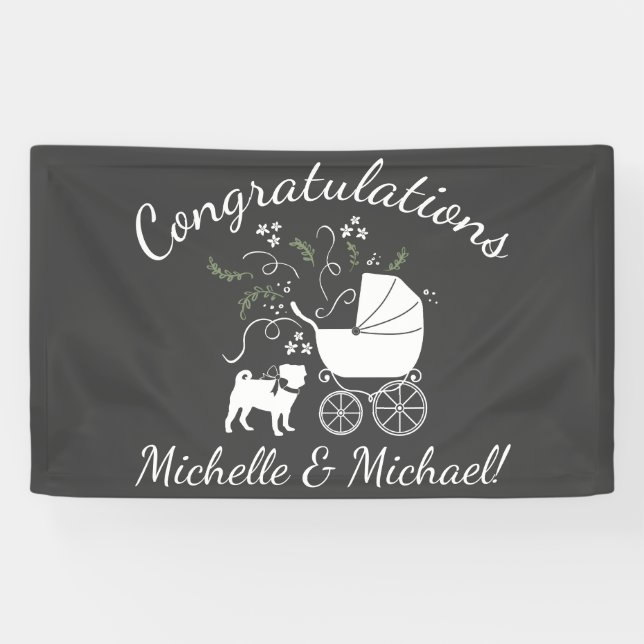 Banderoles Carlin Chien Baby shower Gris Chiot Chien Neutre G (Horizontal)