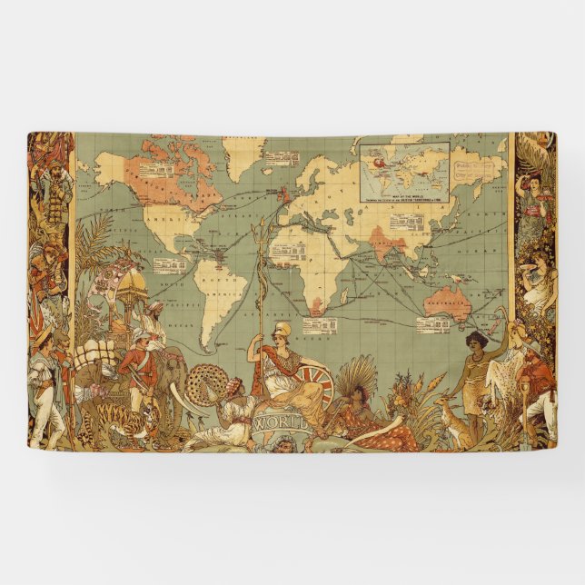 Banderoles Carte du monde Antique 1886 Illustré (Horizontal)