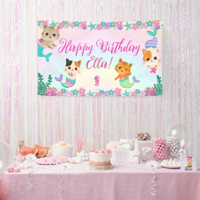 Banderoles Cat Meowmaid Fille Sirène Fête d'anniversaire (Fête)