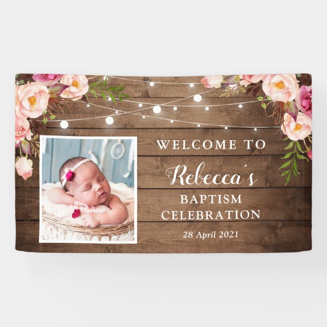 Banderoles Chaîne rustique illumine Floral Baby Baptism Bienv (Horizontal)