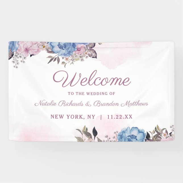 Banderoles Charme parisien Bleu & Rose Floral Mariage Bienven (Horizontal)