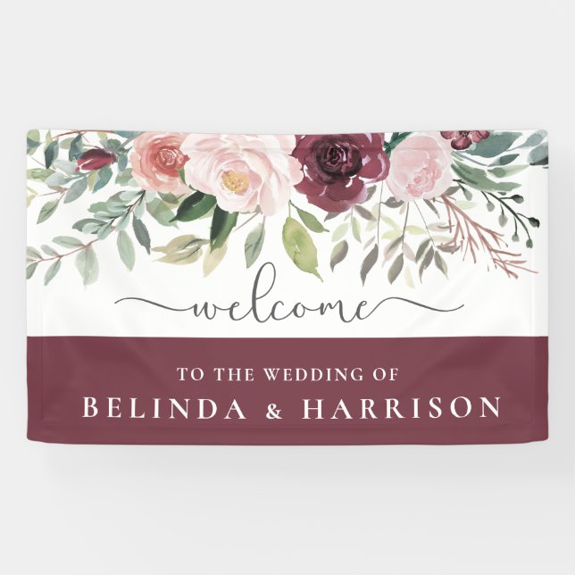 Banderoles Charme rustique Bourgogne Blush rose Mariage Flora (Horizontal)