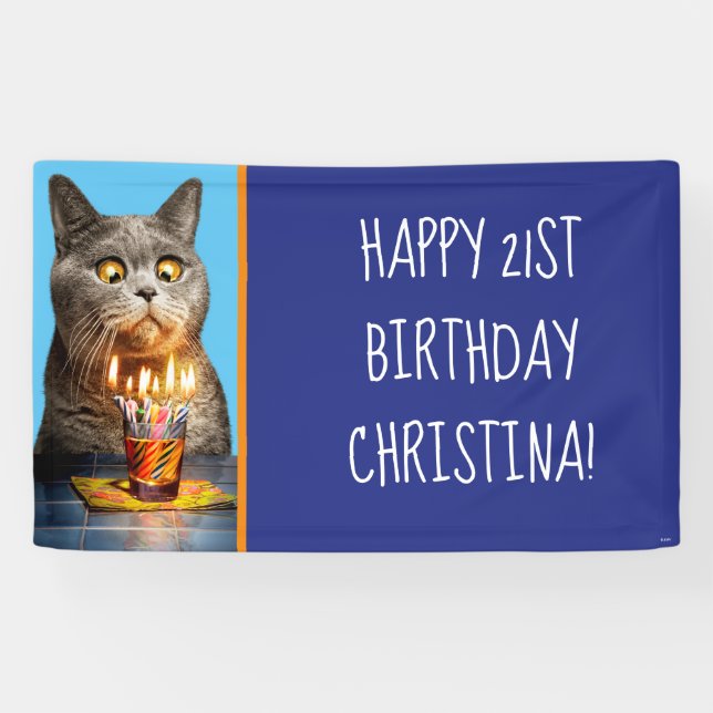 Banderoles Chat avec verre d'anniversaire (Horizontal)