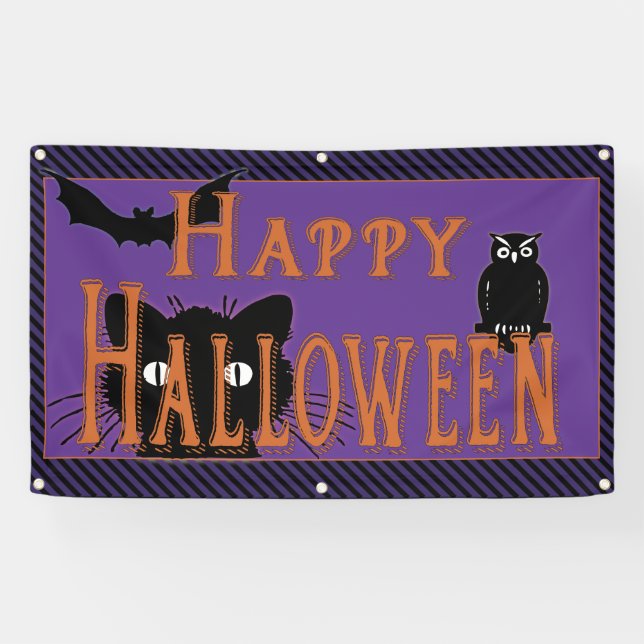 Banderoles Chat noir, hibou et batte heureux Halloween (Horizontal)