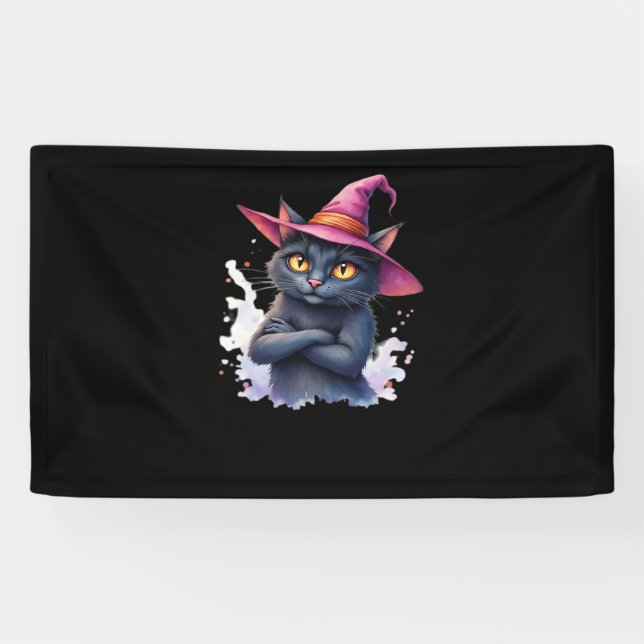Banderoles Chat noir mignon en sorcier Casquette - Halloween  (Horizontal)