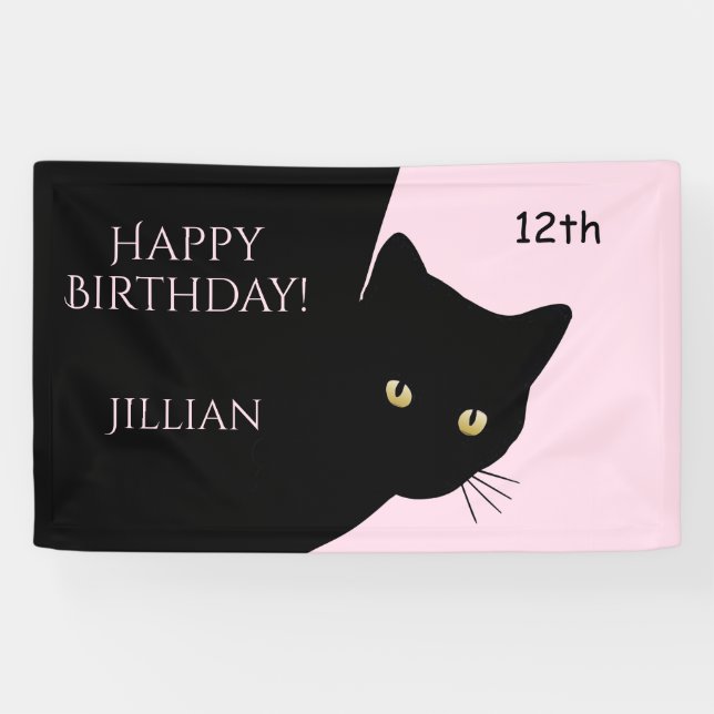 Banderoles Chat noir Sly Rose Joyeux anniversaire, âge et nom (Horizontal)