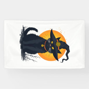 Banderoles Chat noir vintage effrayant avec chapeau de sorciè