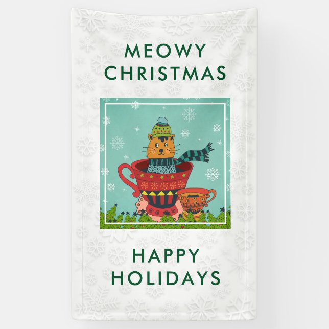Banderoles Chat Whimsical assis dans un thé Noël (Vertical)