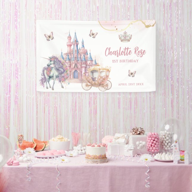 Banderoles Château magique Unicorn Rose Princesse 1er anniver (Fête)