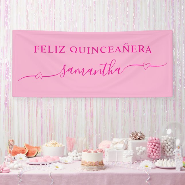 Banderoles Chaud rose Feliz Quinceañera Nom du mal du coeur (Fête)