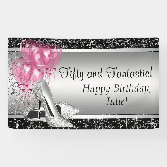 Banderoles Chaussure à talon haute rose Noir Anniversaire (Horizontal)
