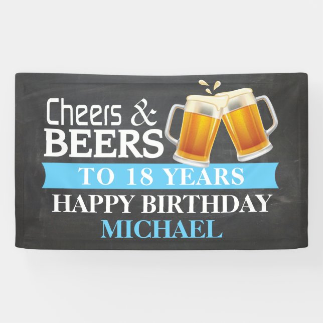 Banderoles Cheers and Beers Happy 18th Birthday Banner Blue (Horizontal)
