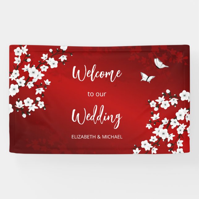 Banderoles Cherry Blossoms White Red Wedding Welcome (Horizontal)