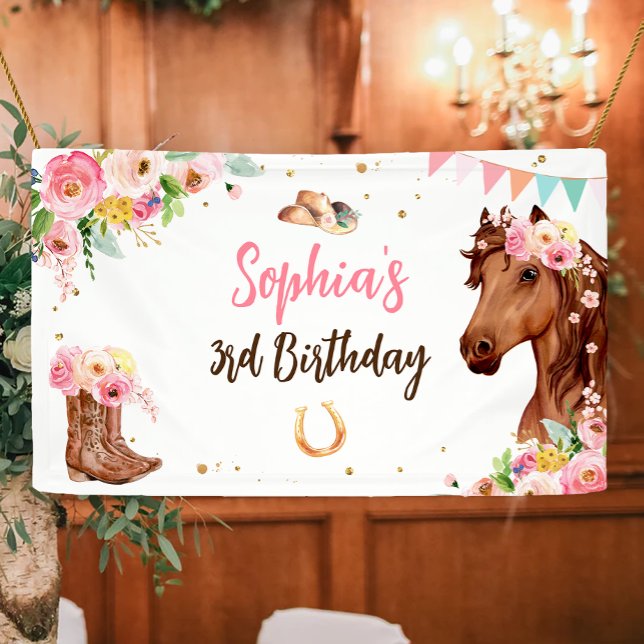 Banderoles Cheval Anniversaire Fille Cowgirl Rose Floral Part (Créateur téléchargé)