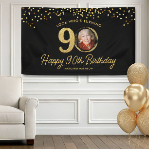 Banderoles Chic Black Gold 90th Birthday Party Photo personna