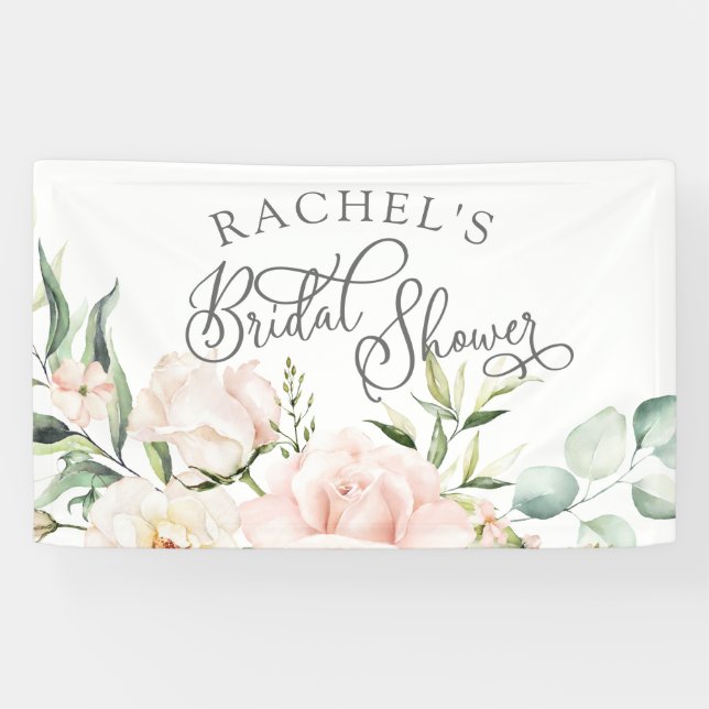 Banderoles Chic élégant aquarelle rose fleuri douche nuptiale (Horizontal)