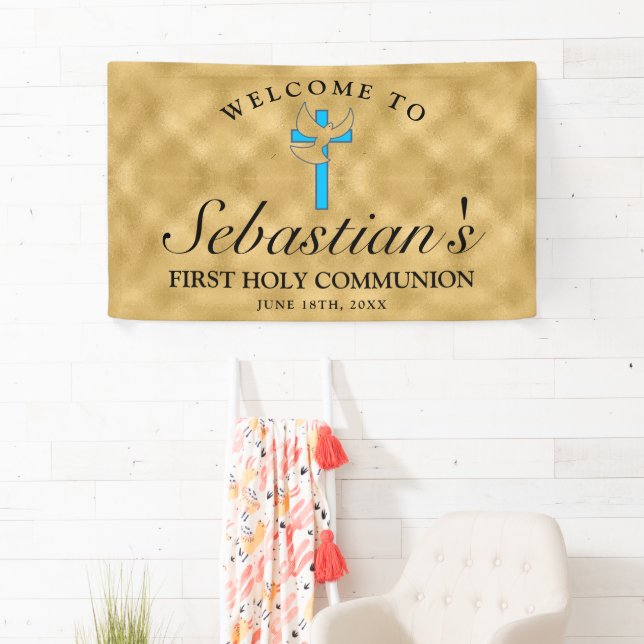 Banderoles Chic Gold Blue Cross Dove First Communion Welcome (En situation)