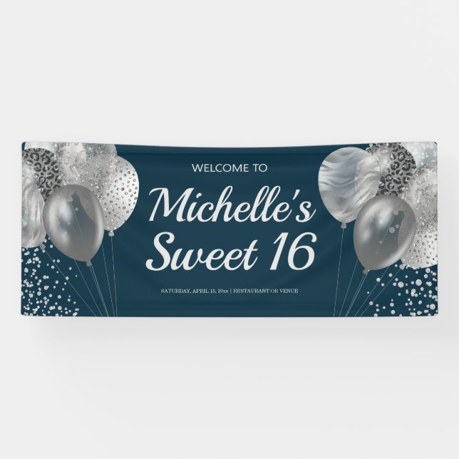 Banderoles Chic Navy Bleu Parties scintillant Argent Ballons  (Horizontal)
