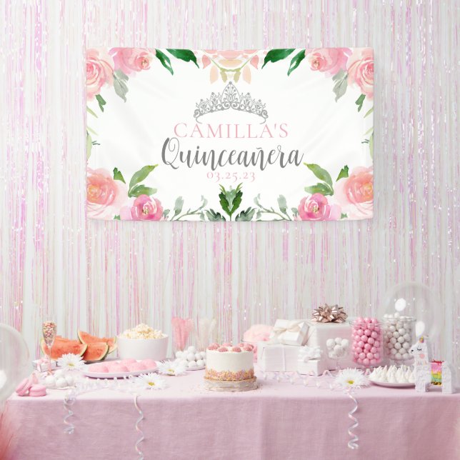 Banderoles Chic rose Floral Quinceañera Silver Tiara Party (Fête)