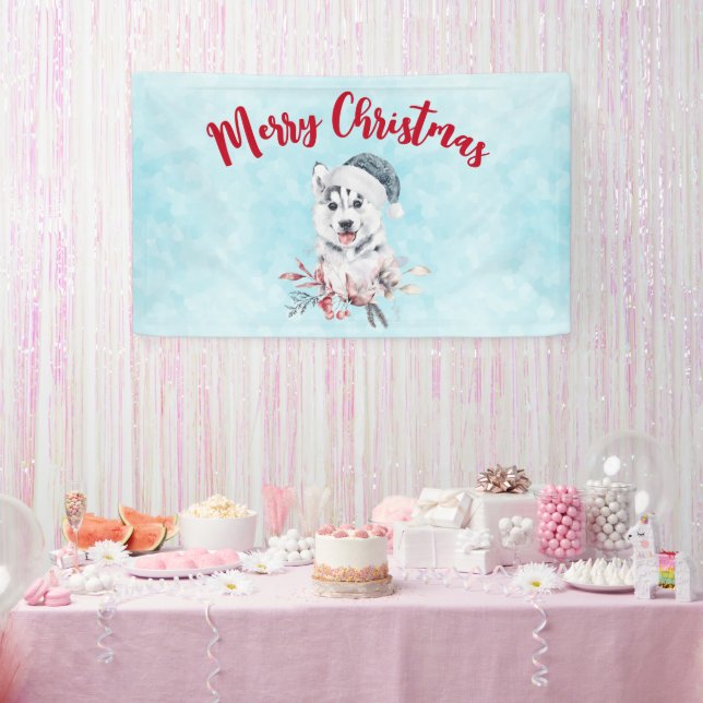 Banderoles Chien de Noël Husky dans un chapeau de Père Noël (Fête)