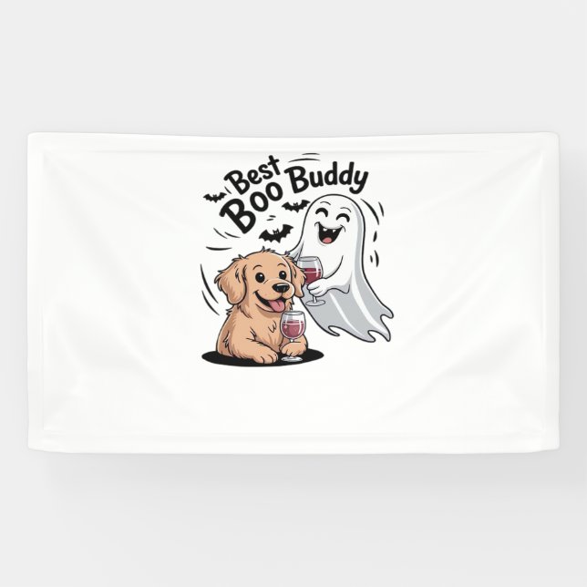 Banderoles Chien et fantôme buvant du vin. T-shirt classique (Horizontal)