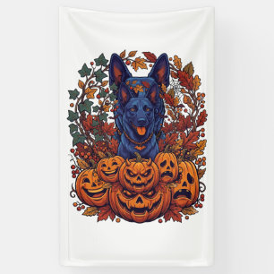Banderoles Chiens Pitbull Bleus Citrouilles Halloween Feuille