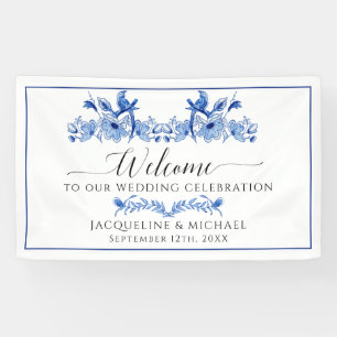 Banderoles Chinoiserie Floral Navy Blue White Bird Mariage