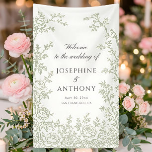 Banderoles Chinoiserie Vert Sauge Fleurs Mariage Bienvenue